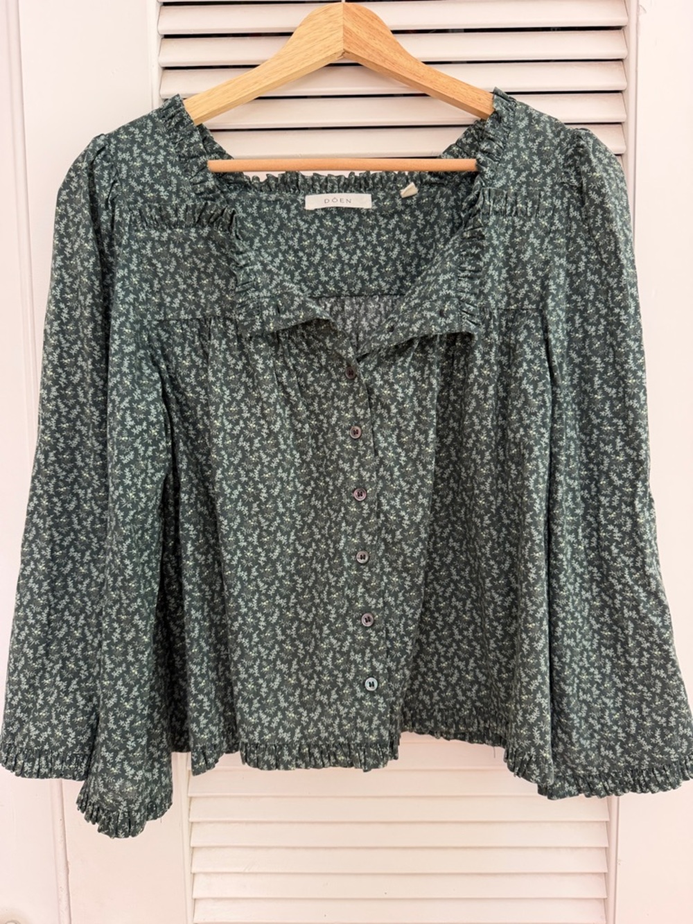 Doen Lunaria Green Floral Button-Up Peasant Blouse Small